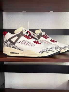Jordan Spizike sneakers with cream and red coloring and elephant pattern